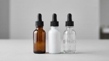 Amber, opal white and clear glass dropper bottles compared for skincare packaging