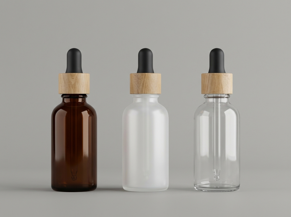 Comparaison visuelle des corps de flacons compte-gouttes en verre ambré, blanc opale et transparent