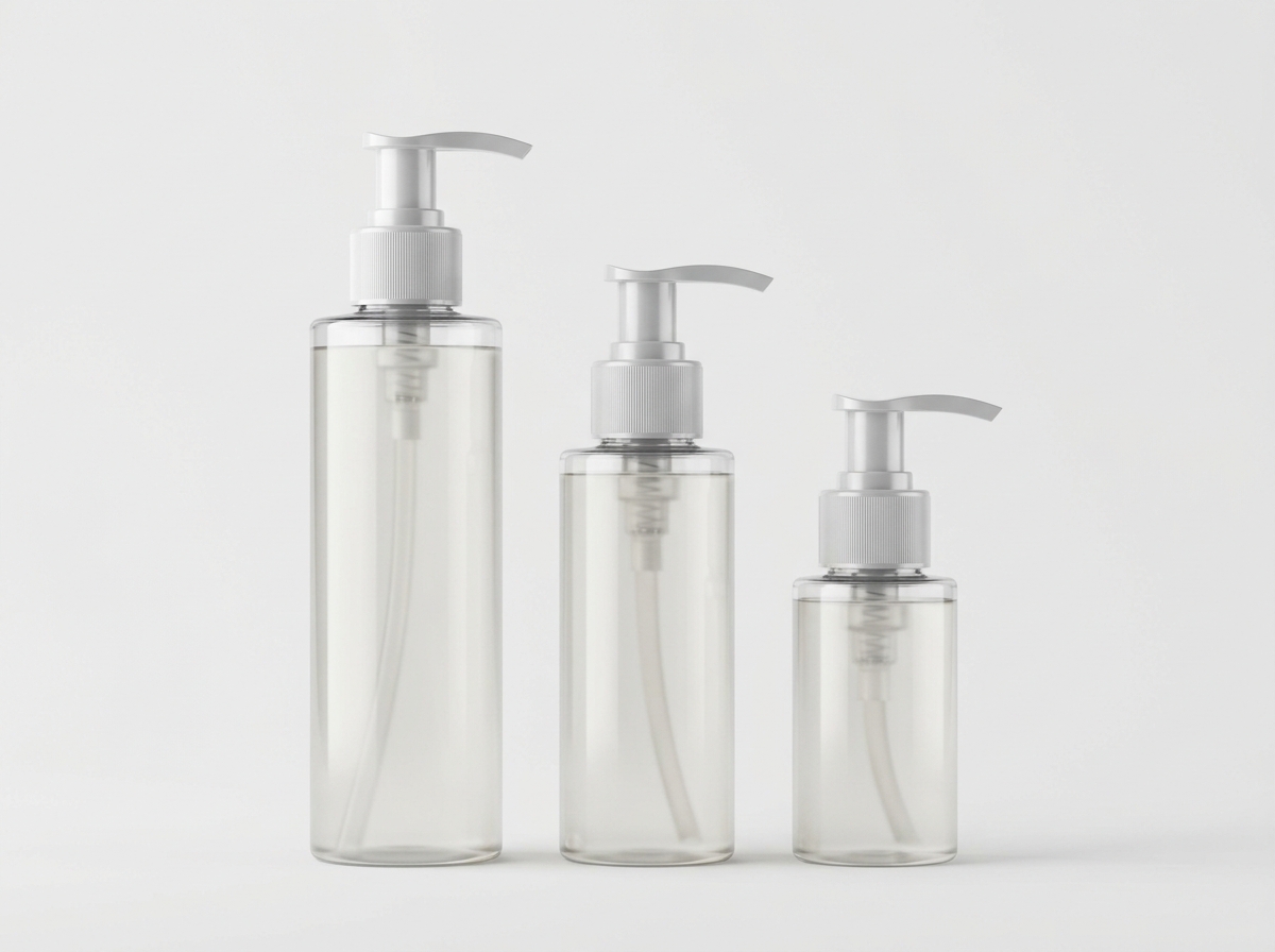 Frascos cosméticos con dosificador que ilustran la compatibilidad entre el dosificador y el frasco