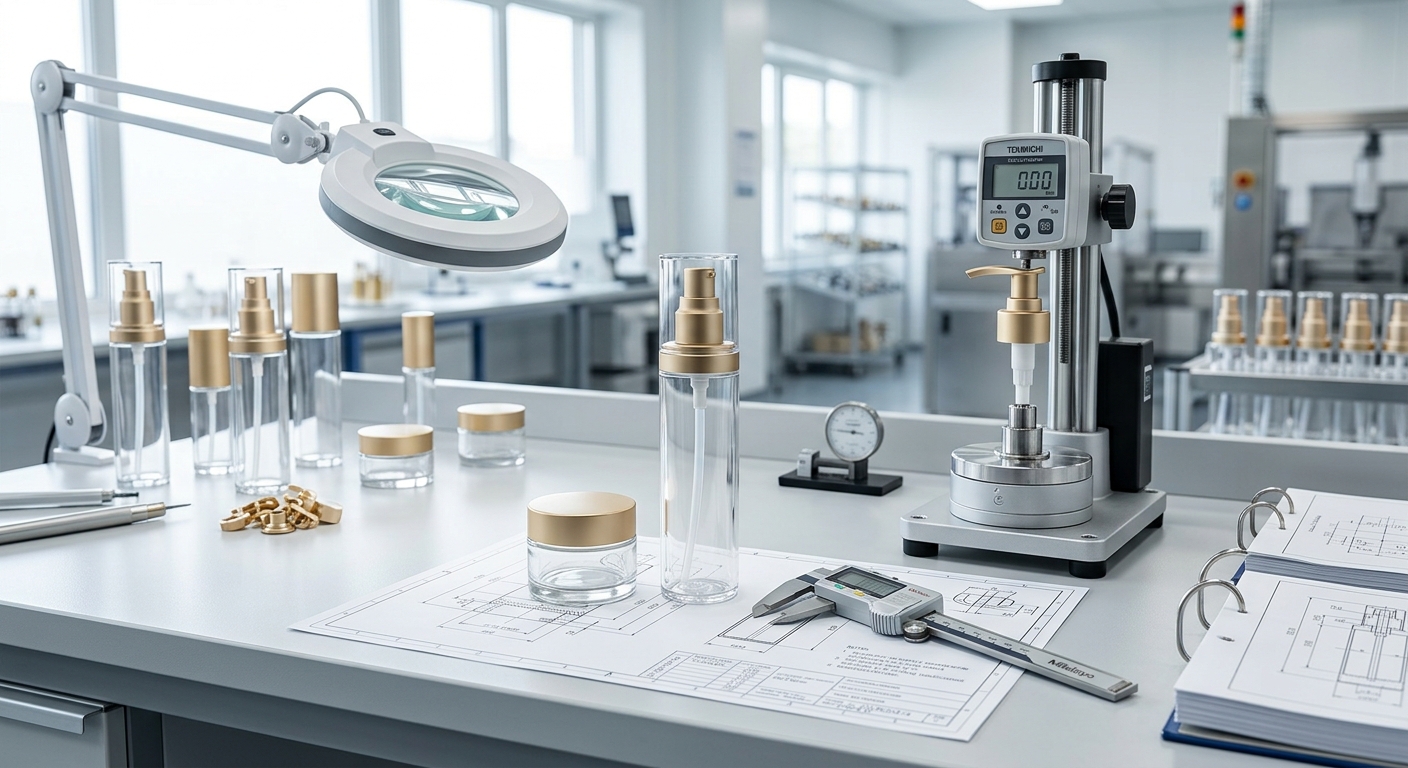 Herramientas de control de calidad utilizadas para verificar el ajuste entre los frascos de cosméticos y sus tapones