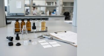 Cosmetic dropper bottle compatibility test samples and components on a technical workbench