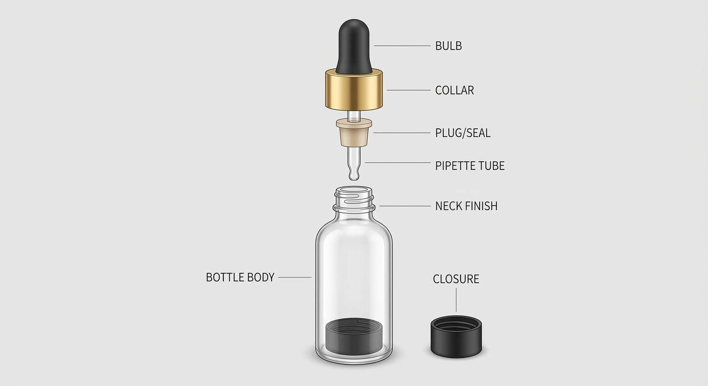Exploded view of a cosmetic dropper bottle, pipette, bulb, collar and closure