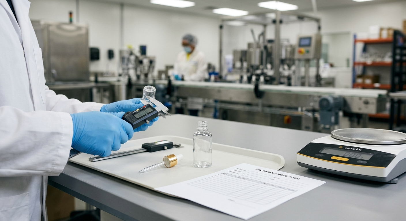 Inspection tools and dropper bottle samples used to record packaging compatibility observations