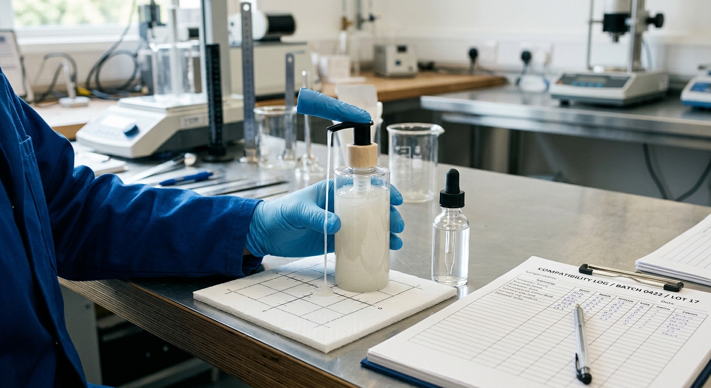 Pump bottle and dropper components undergoing a cosmetic dispensing compatibility check