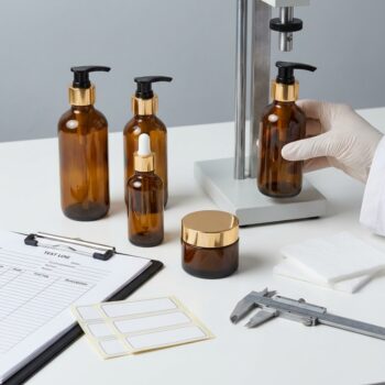 Filled cosmetic bottles, pumps and jars arranged for packaging compatibility testing before mass production