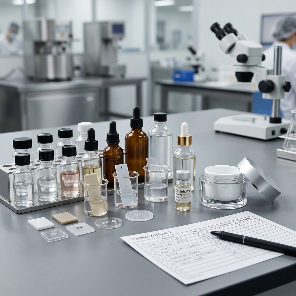 Cosmetic formula and packaging material samples prepared for compatibility review