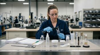 Quality engineer inspecting cosmetic bottles, jars, tubes, and pumps for a B2B packaging order