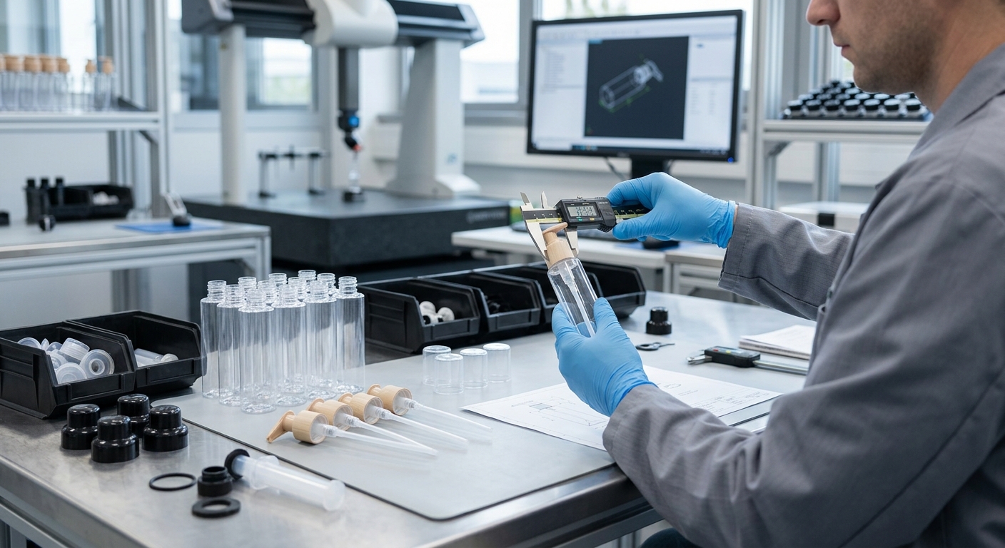 Measuring cosmetic bottle dimensions and checking pump component fit