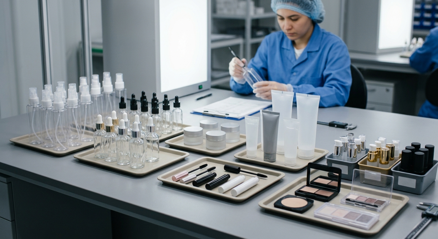 Different cosmetic packaging formats prepared for quality inspection