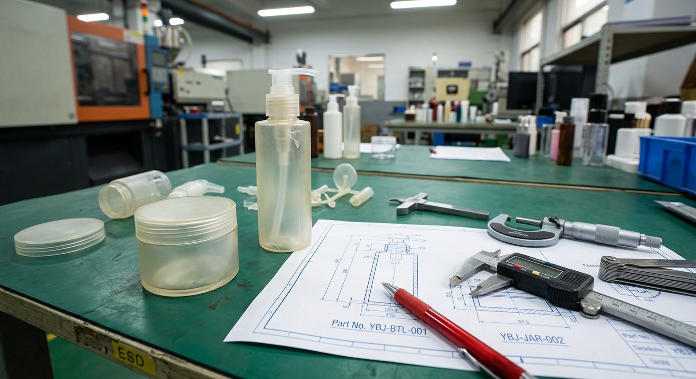 Unbranded cosmetic packaging mold-trial samples being inspected