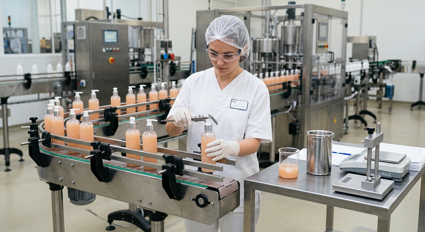 Technician reviewing cosmetic packaging dispensing and filling-line fit