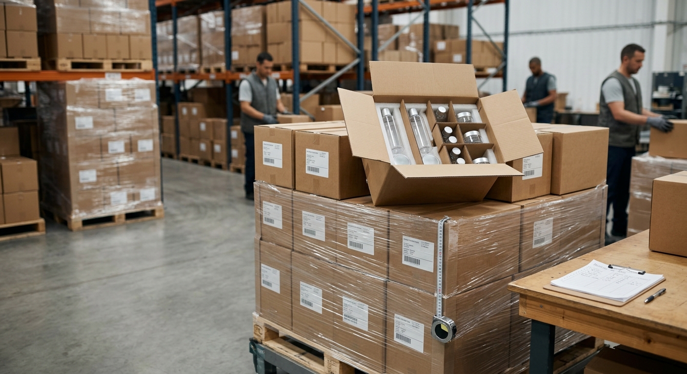 Cosmetic packaging master cartons arranged on a pallet