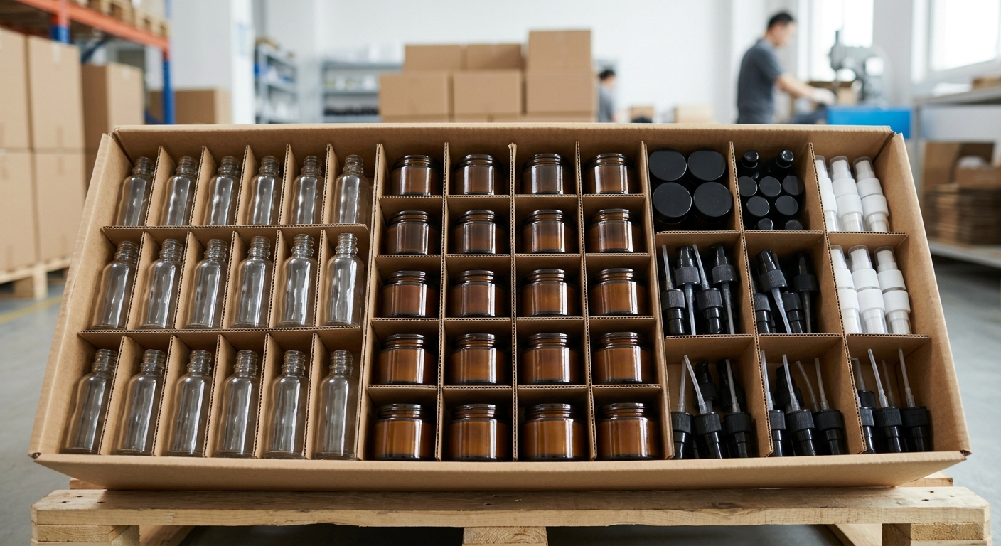 Glass cosmetic bottles protected by carton dividers