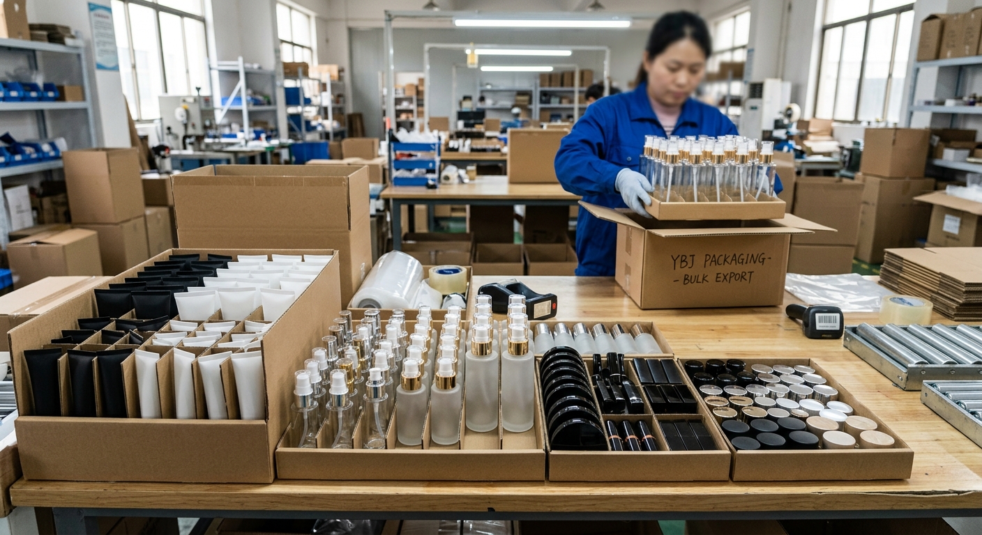 Tubes pumps caps and makeup components in protective export packaging