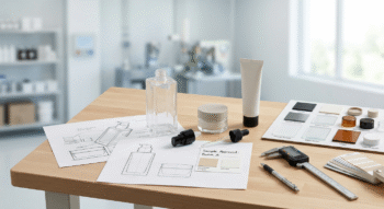 Cosmetic packaging development materials, components and prototype samples on a technical worktable