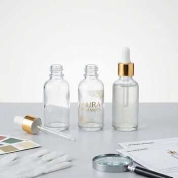 Custom printed glass dropper bottles shown from artwork development through complete assembly approval