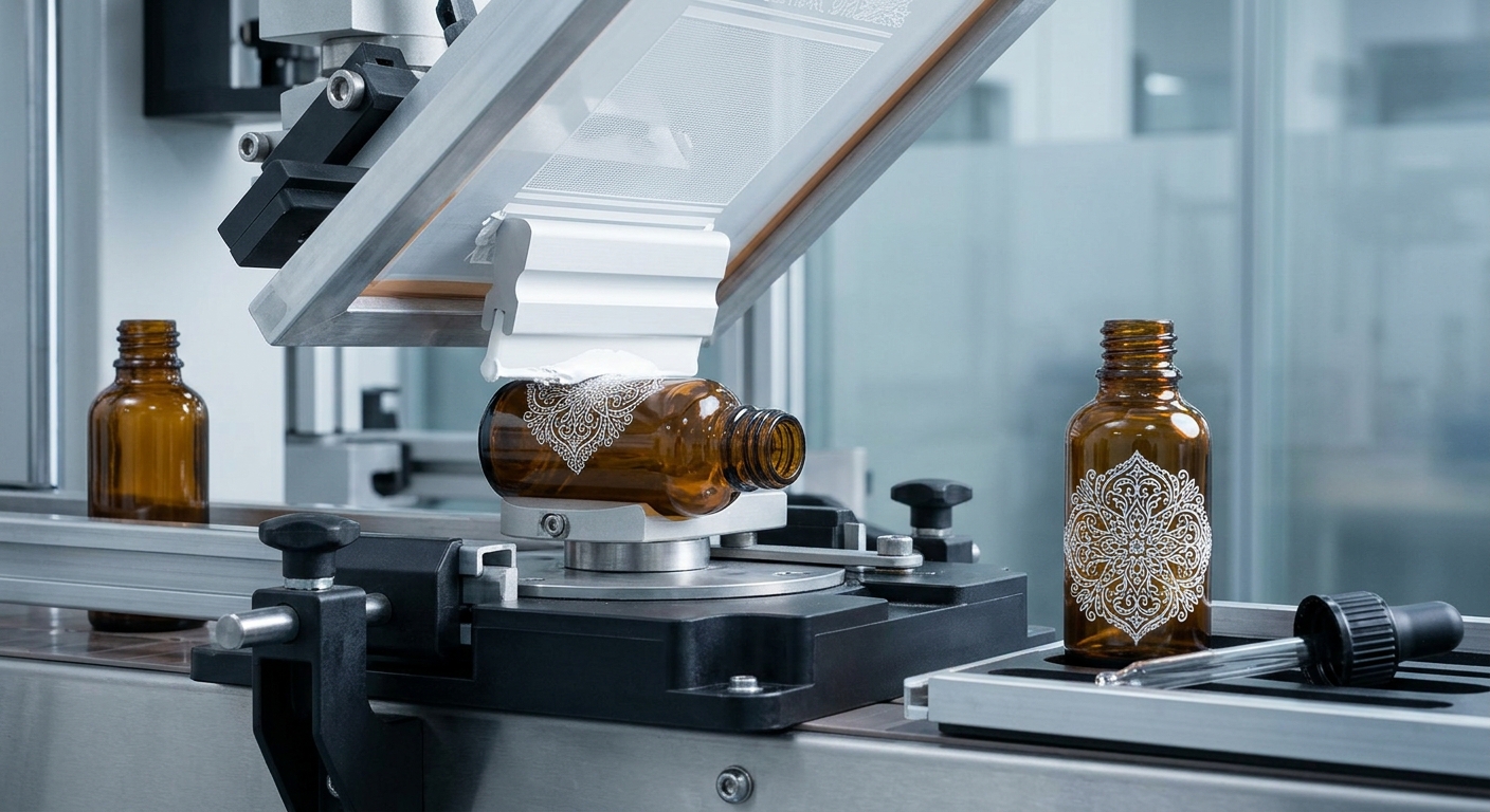Amber glass dropper bottles with contrasting printed branding