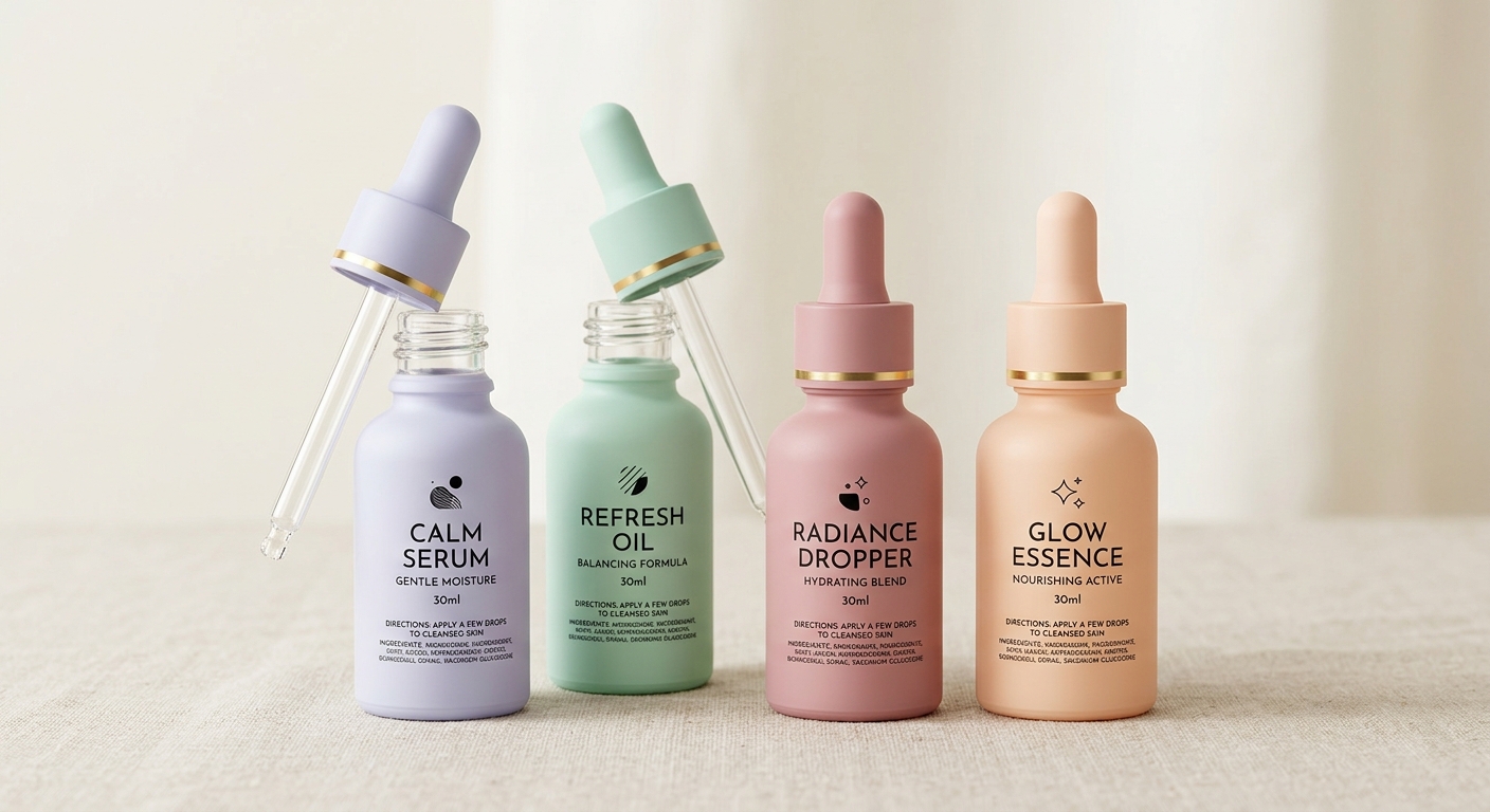 Pastel cosmetic dropper bottles with custom printed front panels