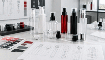 Custom spray bottle components, technical drawings and color samples prepared for development review