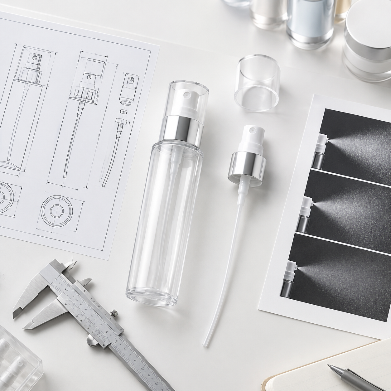 Spray bottle, sprayer and technical brief used to define a custom packaging project