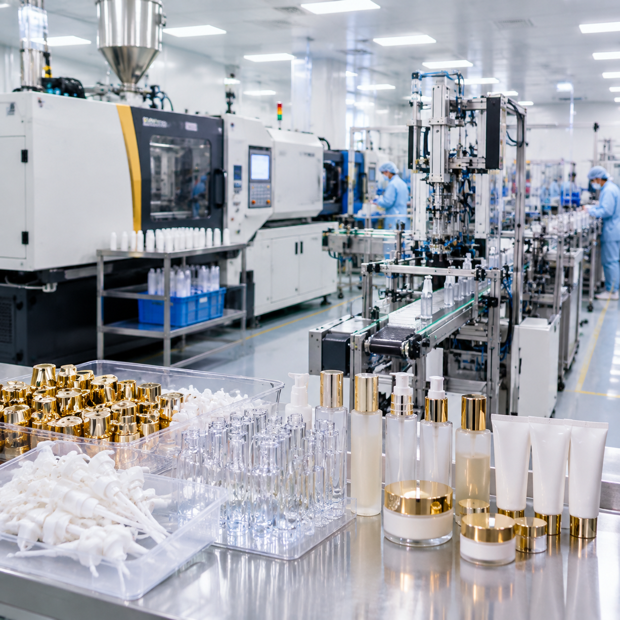Cosmetic packaging manufacturing and automated assembly environment