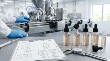 Cosmetic dropper bottles and components being reviewed for filling-line specifications