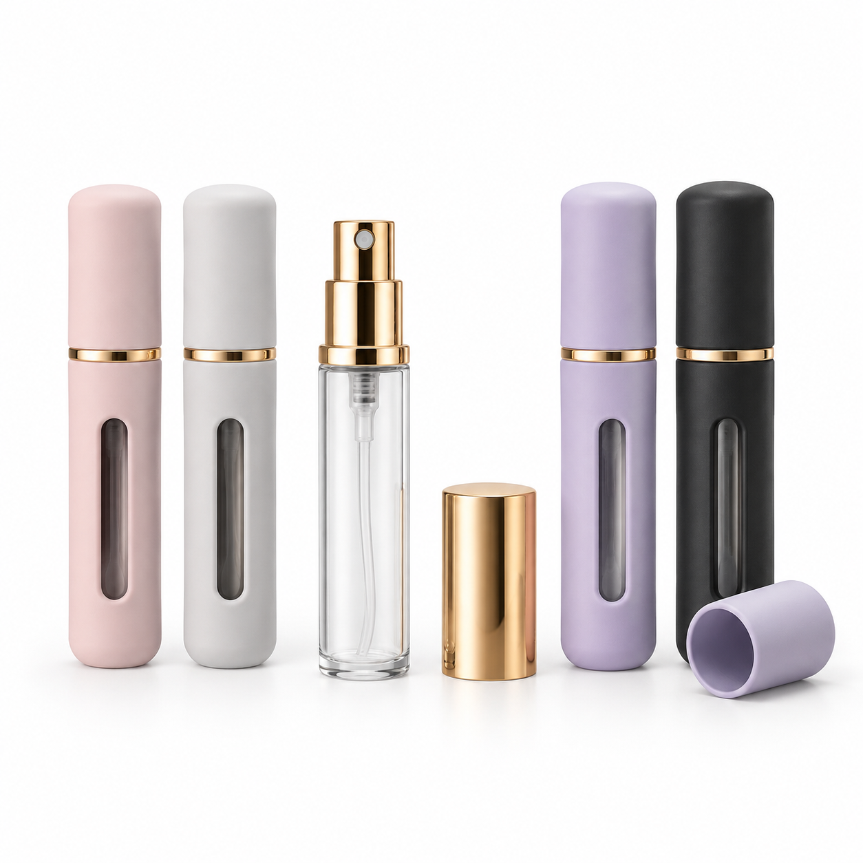 Compact perfume atomizer bottles with finger-operated fine mist pumps