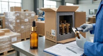 Fully assembled glass dropper bottle and partitioned export carton during a packaging shipping inspection