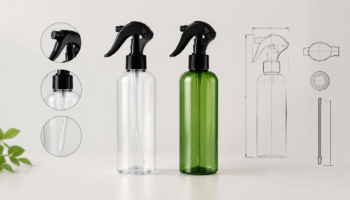 Clear and green mini trigger spray bottles shown with specification details