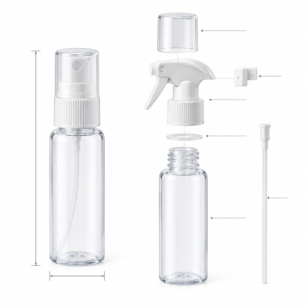 Exploded view of mini trigger bottle neck, sprayer and dip tube