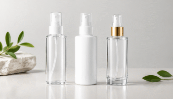Clear PET, opaque HDPE and glass cosmetic spray bottles shown side by side