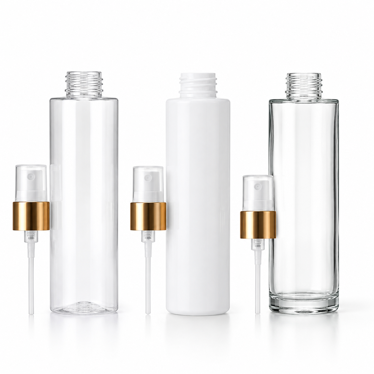 PET, HDPE and glass bottles with their spray components displayed for comparison