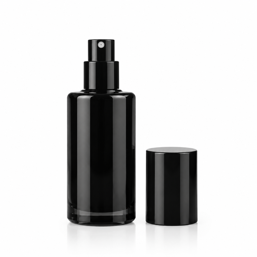 Black glass mist spray bottle with fine-mist pump and separate cap