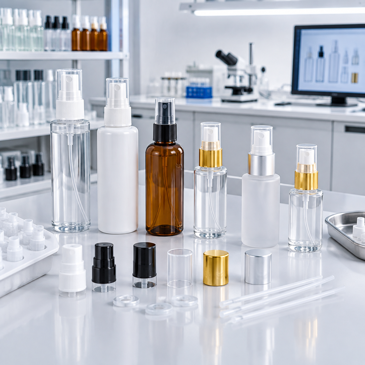 Filled spray bottle assemblies arranged for packaging compatibility evaluation