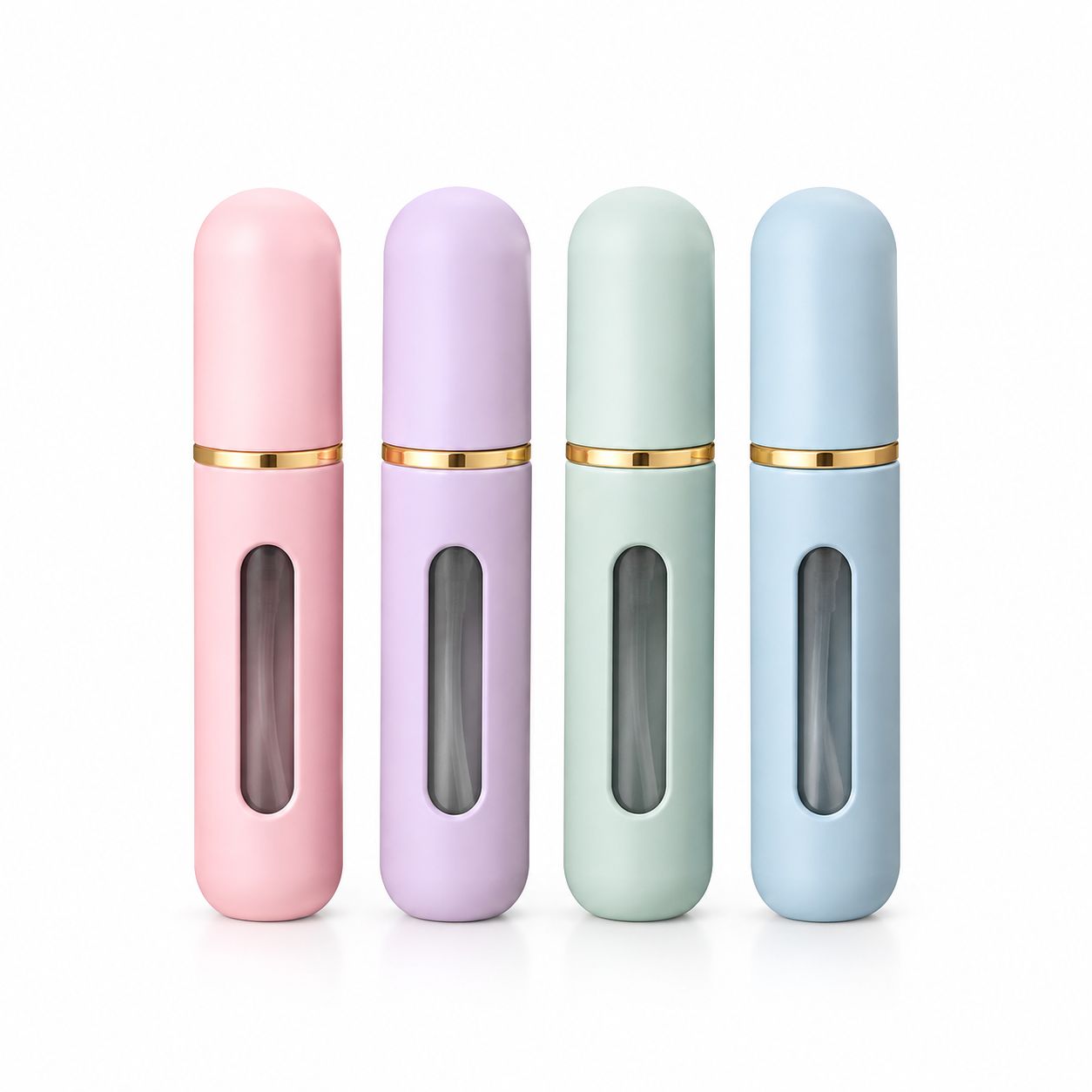 Compact perfume atomizer bottles in pastel silicone cases