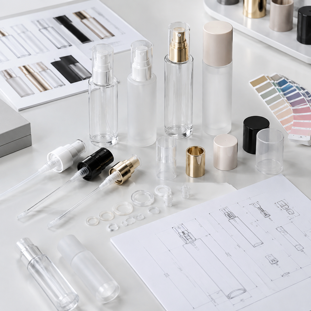 Spray bottle prototypes and components arranged for packaging development review