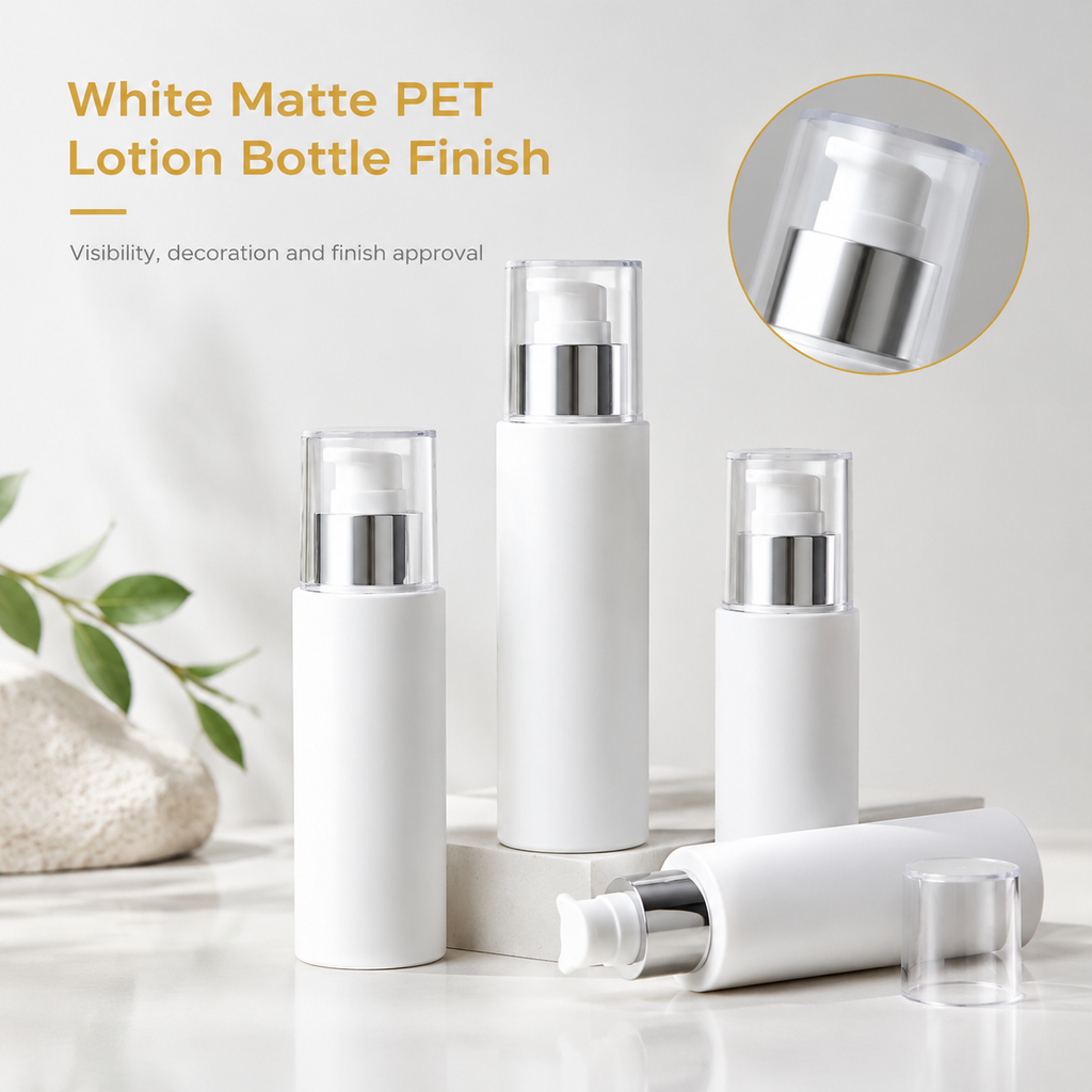 White matte PET lotion bottles with pump dispensers and clear overcaps