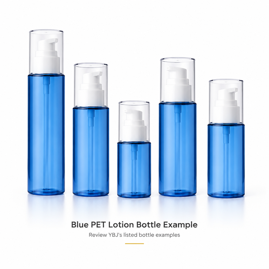 Blue PET lotion bottles with white pumps and translucent overcaps