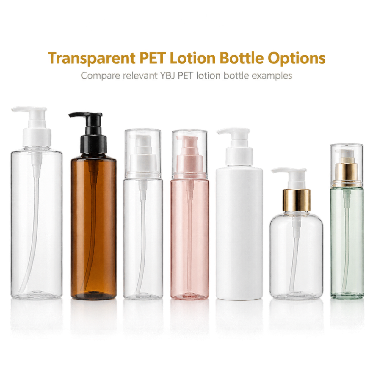 Exemples de flacons de lotion en PET transparents et colorés, équipés de pompes doseuses