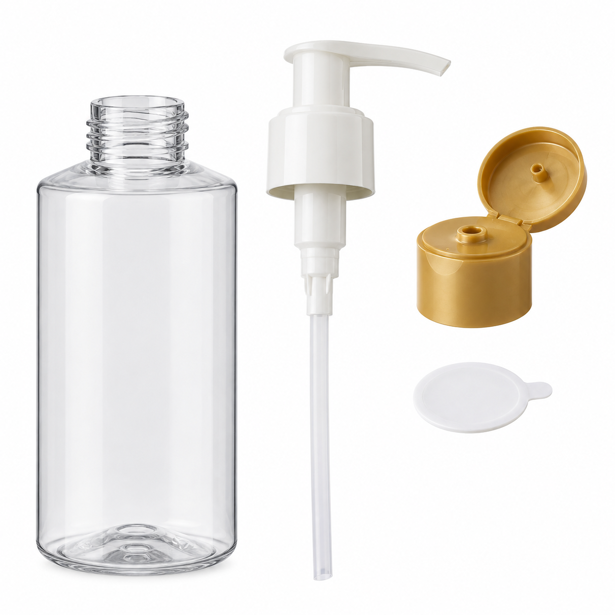 PET bottle neck, pump, dip tube, cap and sealing components