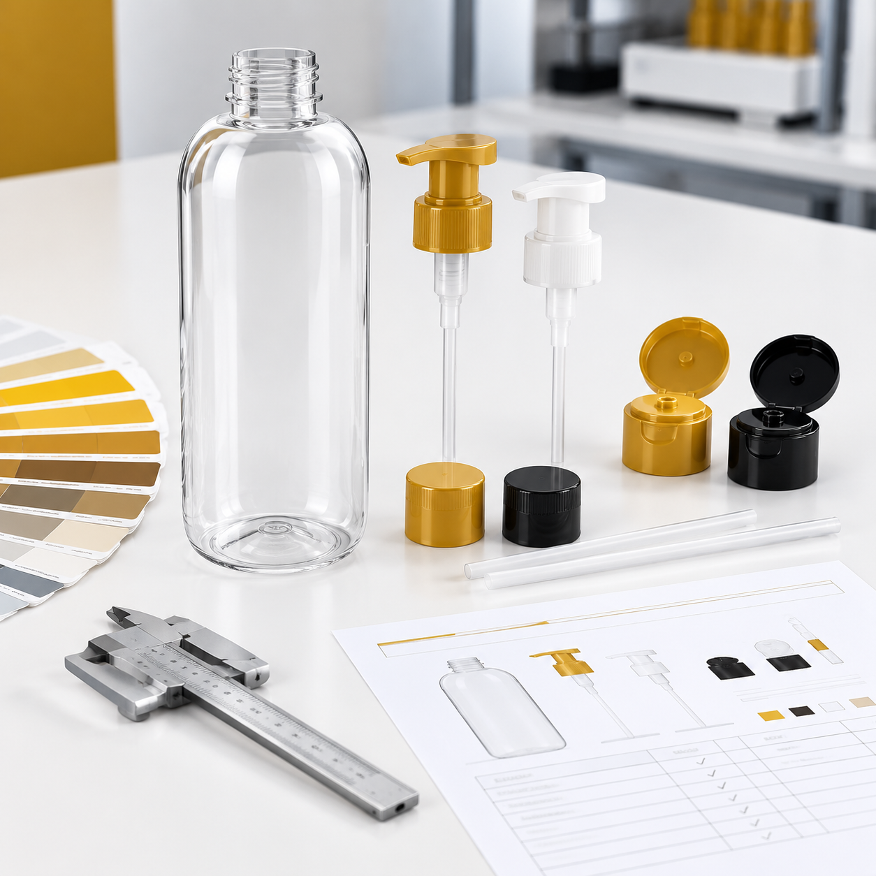 PET shampoo bottle and closure components prepared for sample approval