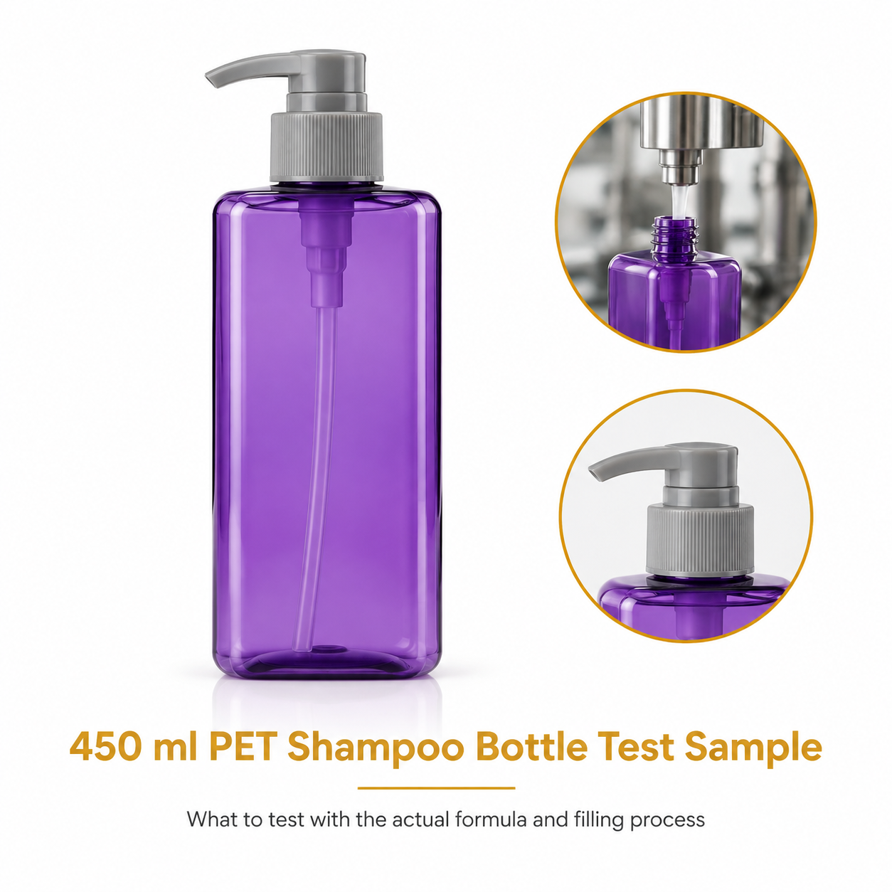 Purple 450 ml PET shampoo bottle with pump for formula and filling tests