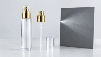Clear cosmetic spray bottle and pump assembly beside a spray-pattern testing card