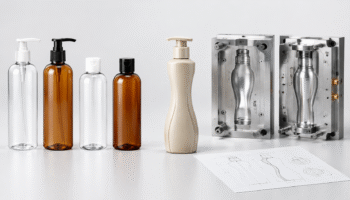 Existing PET hair-care bottles compared with a custom bottle prototype and mold tooling