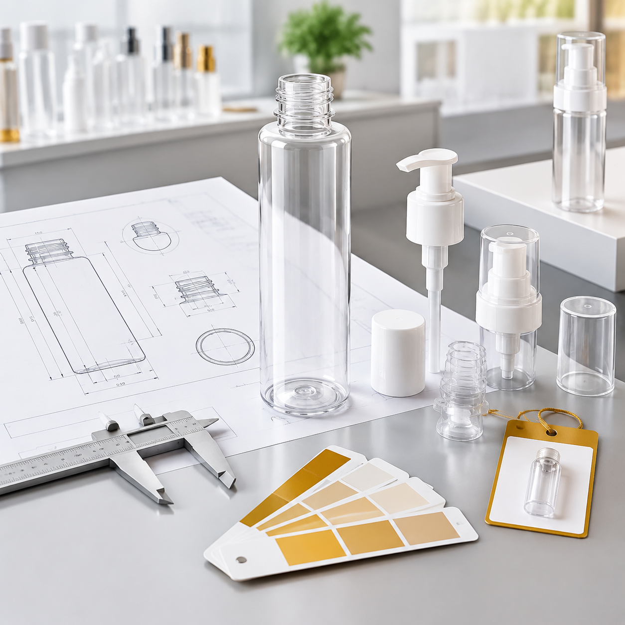 PET bottle prototype, drawing and components during sample development